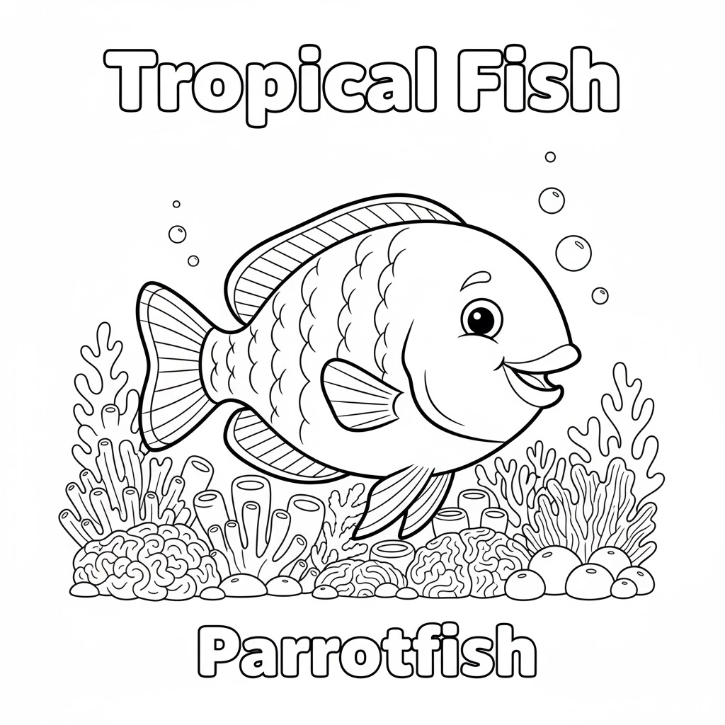Parrotfish coloring page with smiling parrotfish and sea plants 鹦嘴鱼填色图,表情可爱,线条便于儿童上色