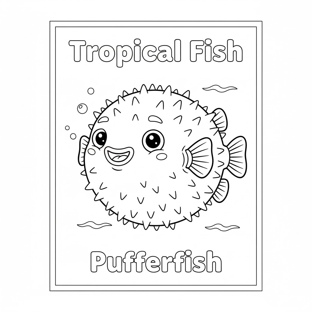 Pufferfish coloring page round shape with friendly face 儿童友好的河豚填色图,大面积便于上色与涂鸦