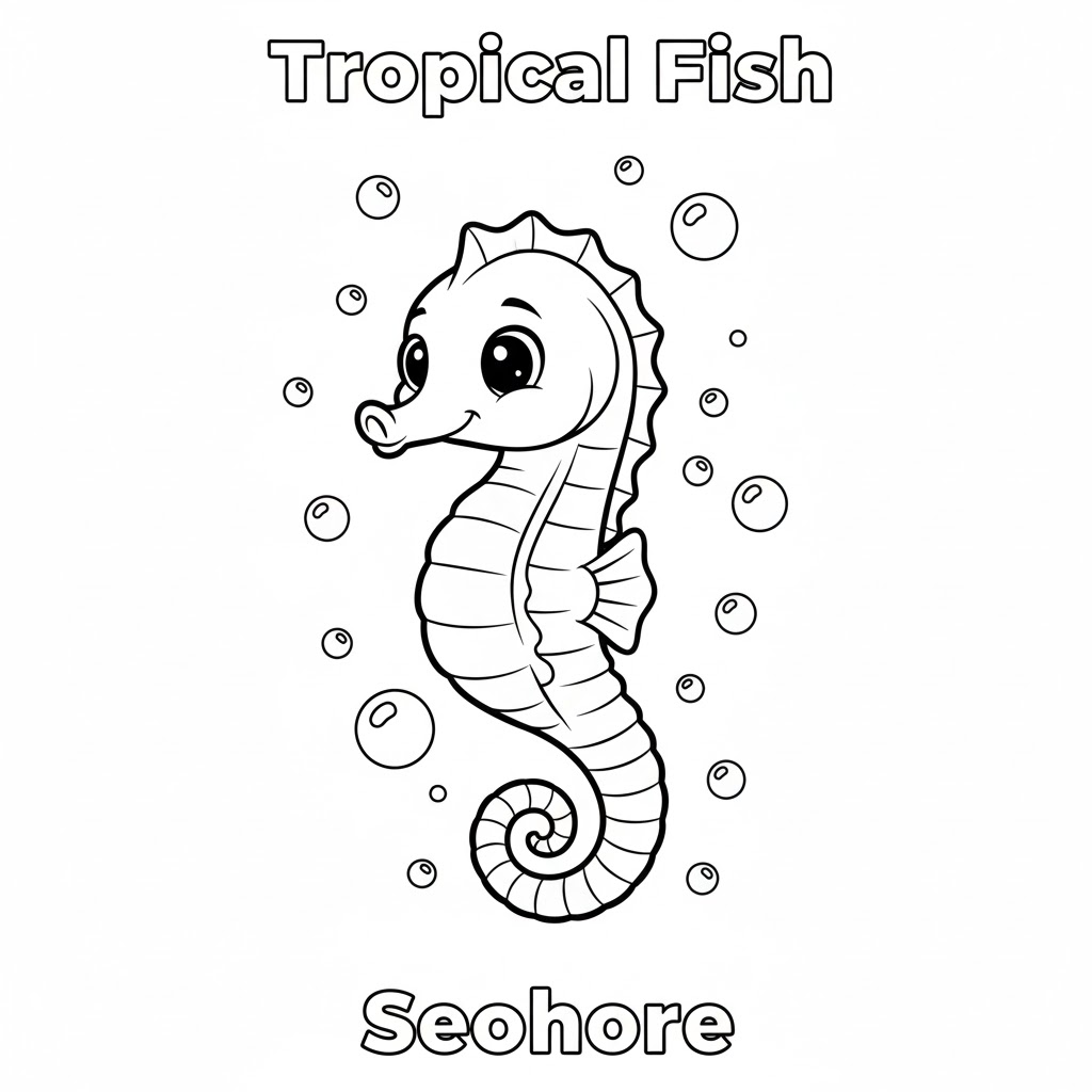 Seahorse coloring page delicate shapes made bold for kids 海马填色图,线条已加粗以便儿童上色并学习海洋生物