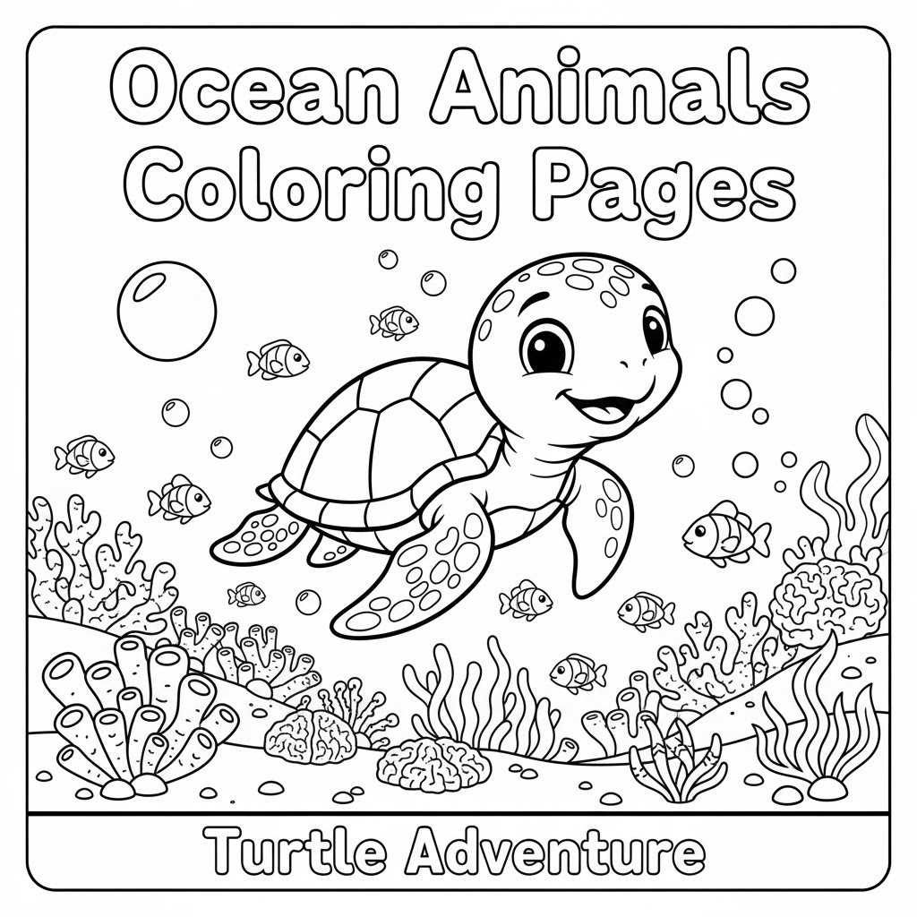 Turtle adventure with treasure and underwater scene coloring page 海龟探险与海底宝藏场景填色图,富想象力