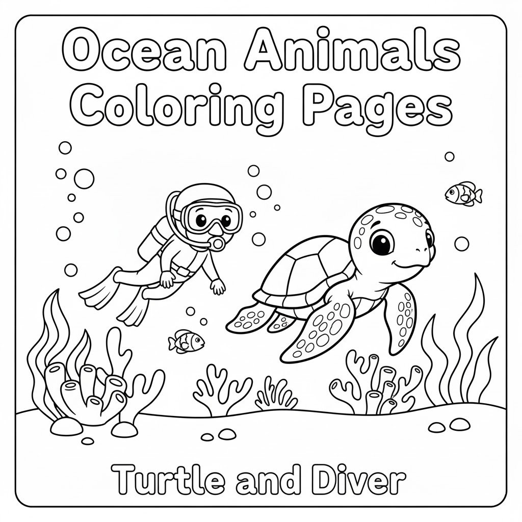 Turtle meets diver underwater friendly educational coloring page 海龟与潜水员相遇教育填色图