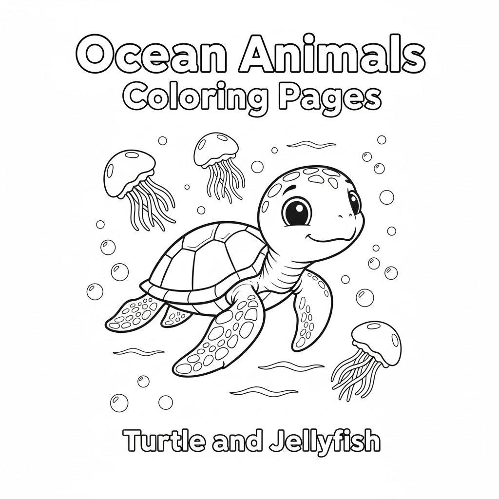 Turtle and jellyfish playful ocean friends coloring page 海龟与海蜇友好互动填色页