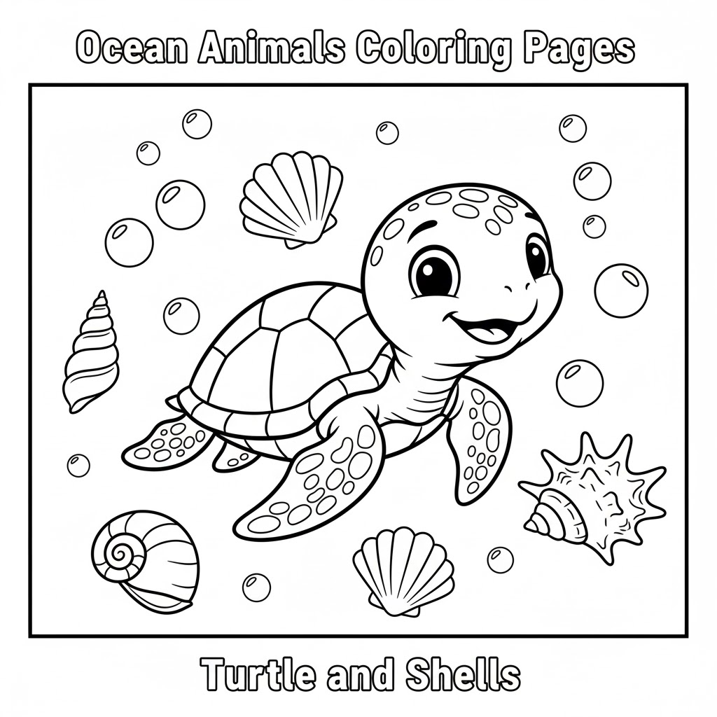 Turtle and shells seaside coloring page 海龟与贝壳海边场景填色页,画面温馨