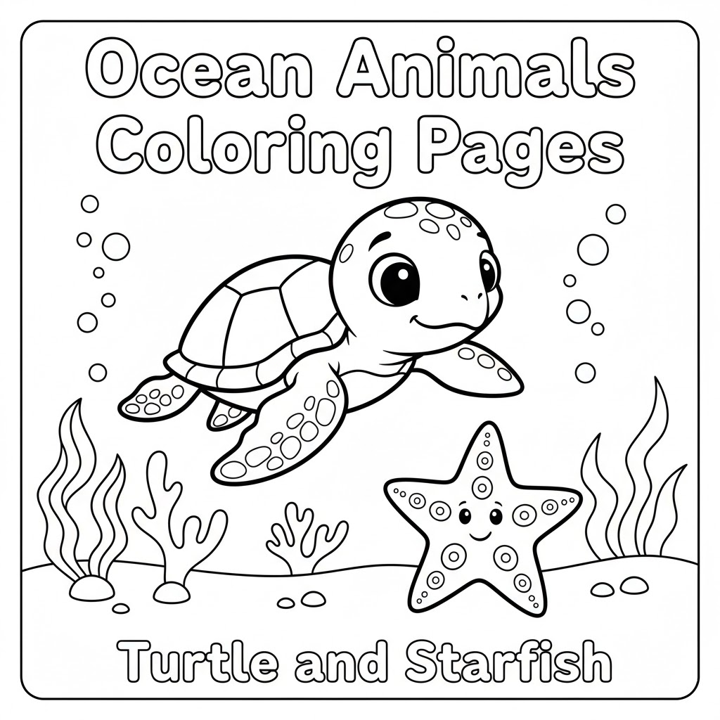 Turtle plays with starfish ocean coloring sheet 海龟与海星玩耍儿童填色页,趣味十足