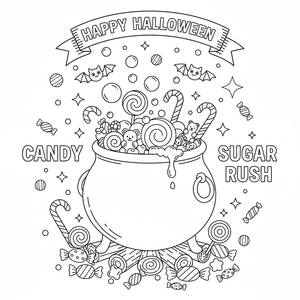 Happy witch with candy and cauldron coloring page - friendly witch holding candy beside bubbling cauldron for kids to color, large outlines for easy coloring