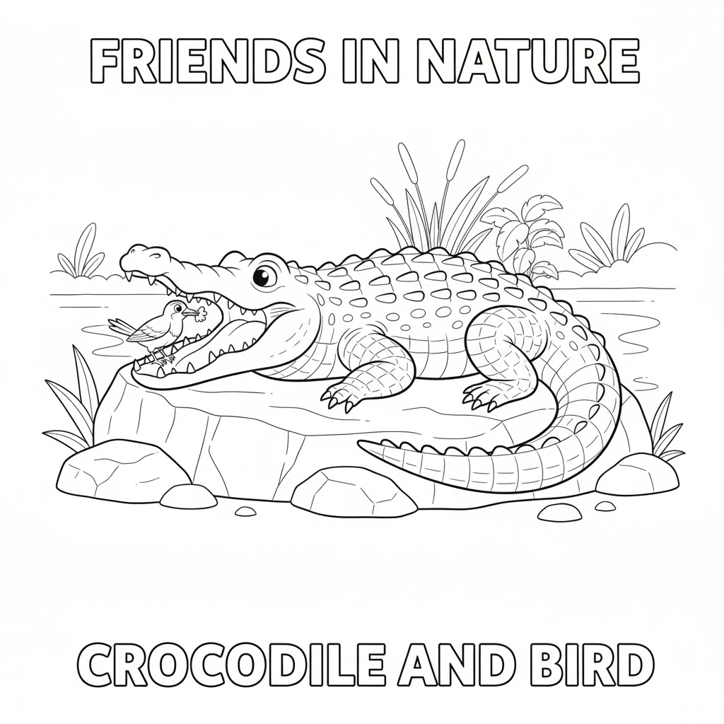 Crocodile and bird helper coloring page, friendly scene for kids to color in with simple lines suitable for preschoolers.