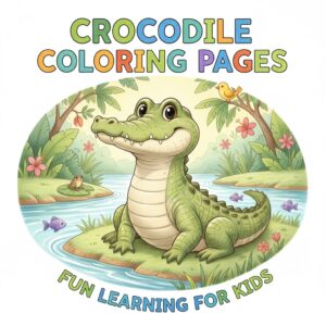 colored pencil illustration of a friendly crocodile on a riverbank with text CROCODILE COLORING PAGES, cheerful and educational design for kids