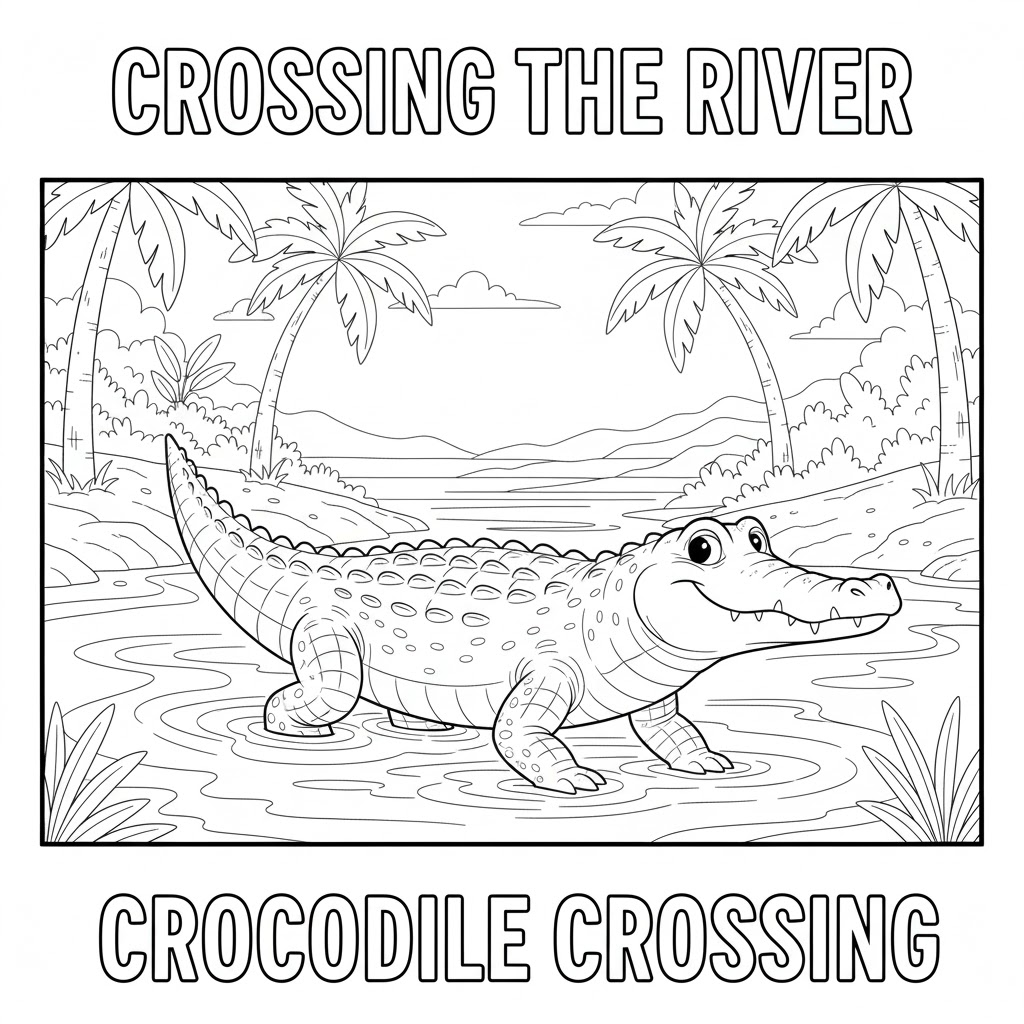 Crocodile crossing the river coloring page, clear waterline scene with simple outlines suited for children's easy coloring activity.