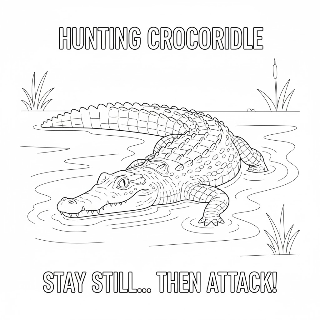 Crocodile hunting in water coloring page with simple shapes and bold outlines for kids to easily color and learn about nature.