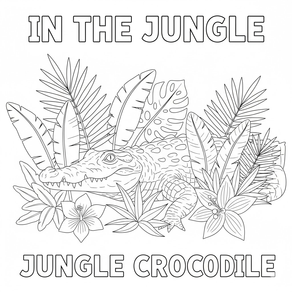 Crocodile in the jungle coloring page, plants and leaves around a resting crocodile, ideal for children coloring exercises.