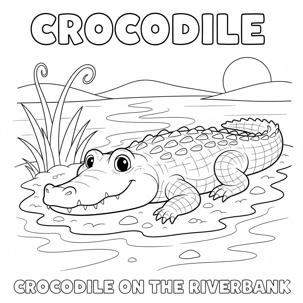 Crocodile on the riverbank coloring page, a calm scene of a crocodile resting at the water edge with stones and grass.