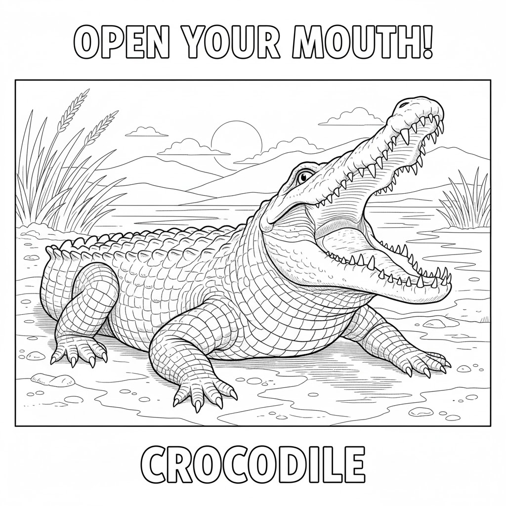 Crocodile opening mouth coloring page, dramatic mouth pose with big teeth outlines simplified for child-friendly coloring.