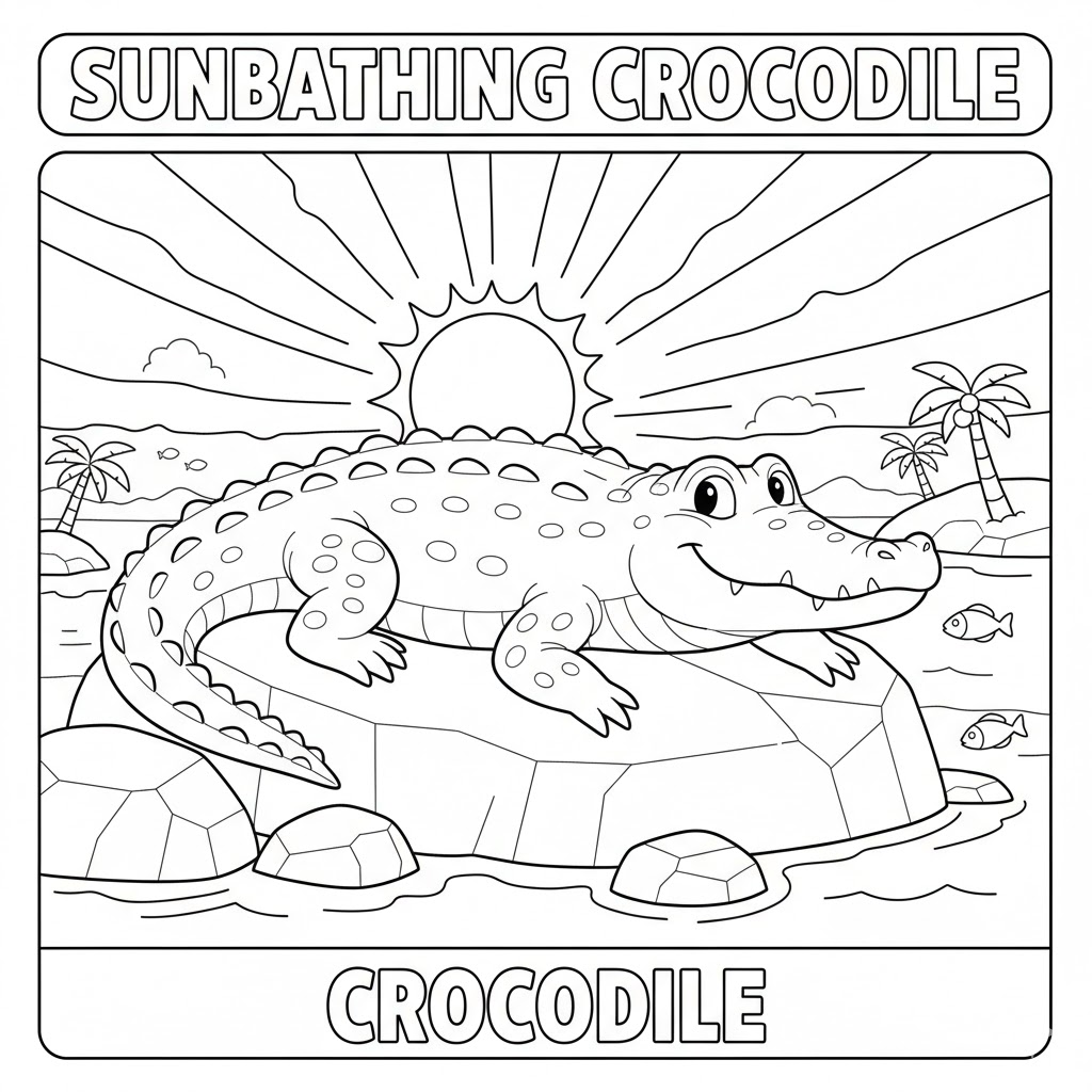 Crocodile sunbathing coloring page showing a relaxed crocodile under the sun with clear shapes for easy child-friendly coloring.