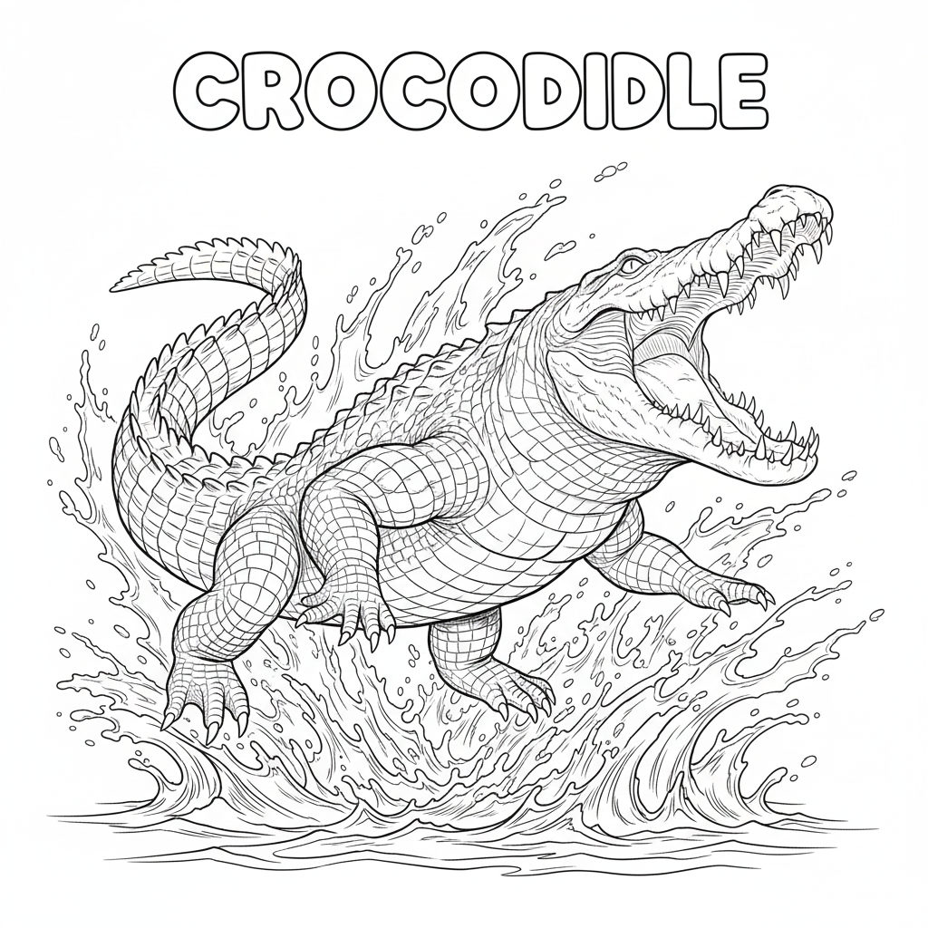 Crocodile attack pose coloring page — jumping attack stance and energy lines, printable 300x300