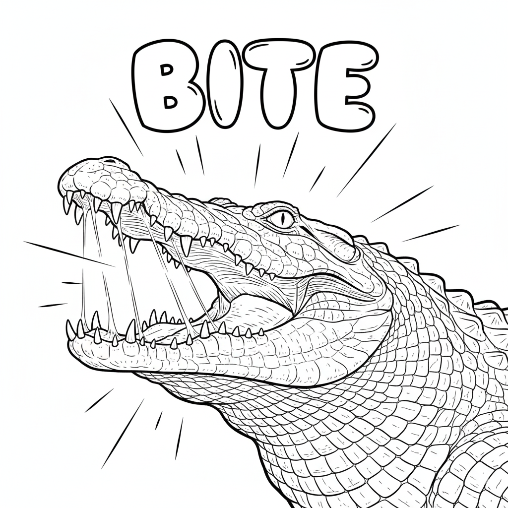 Crocodile bite motion coloring sheet — motion lines, teeth detail, energetic composition, 300x300