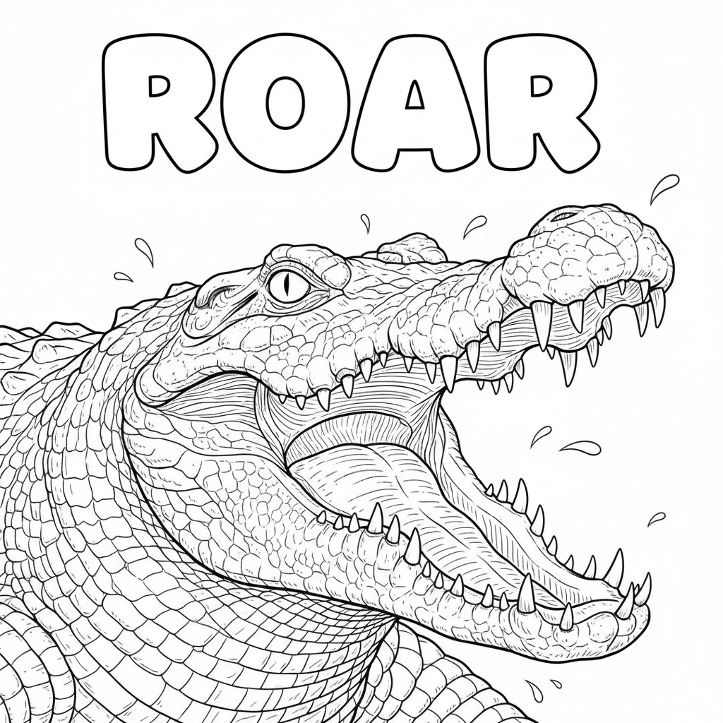 Realistic crocodile roaring line art for kids coloring — fierce open jaw and teeth, detailed scales, 300x300 printable