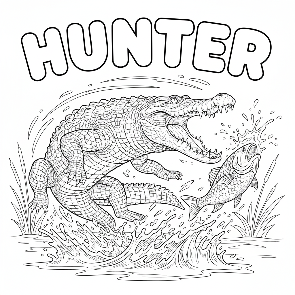 Crocodile vs fish coloring page — action scene showing crocodile snapping at fish, dynamic pose, 300x300