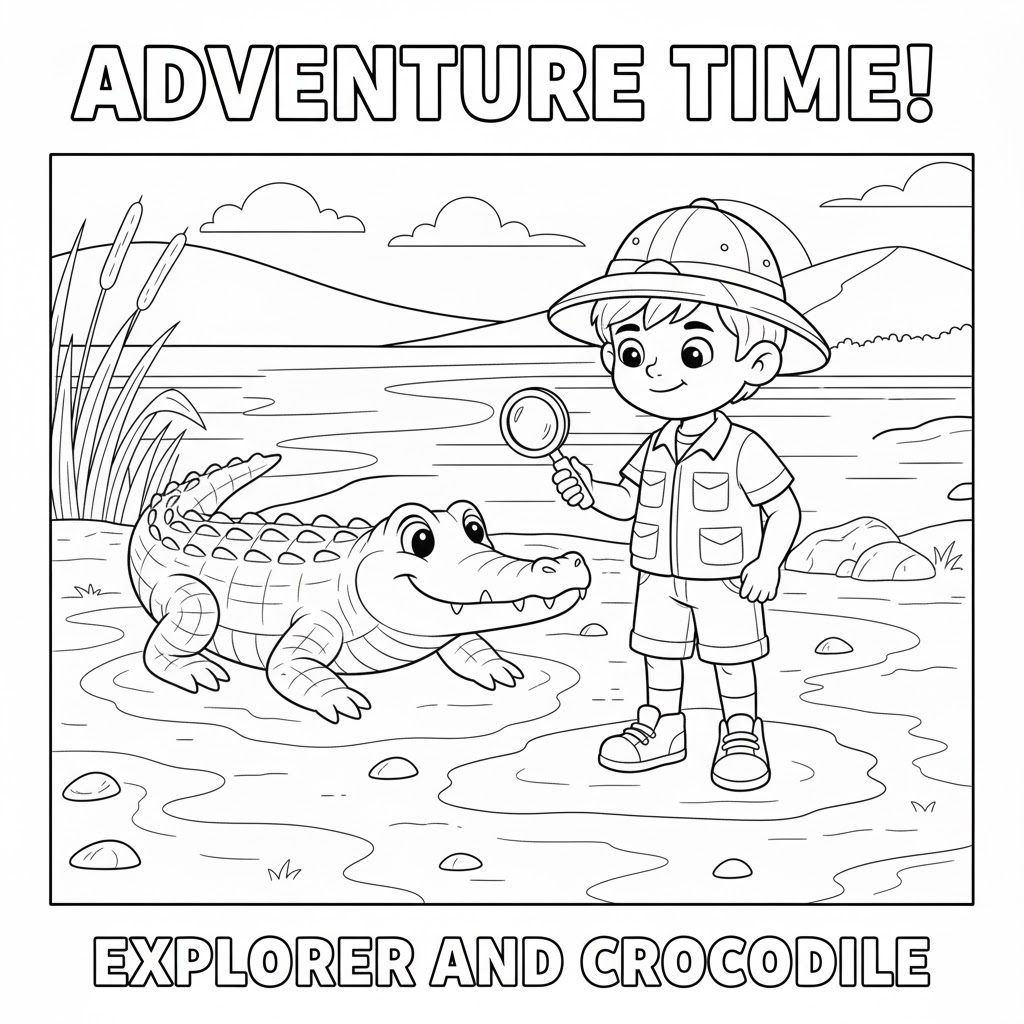 Explorer meets crocodile coloring page, playful encounter design suitable for storytelling while children color.