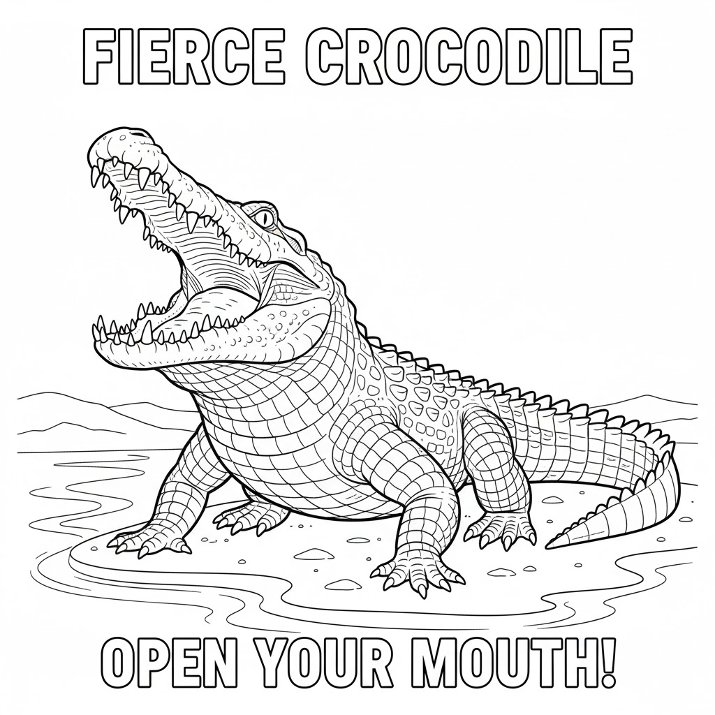 Fierce crocodile open mouth coloring page, bold outline version simplified for younger children to color without fuss.