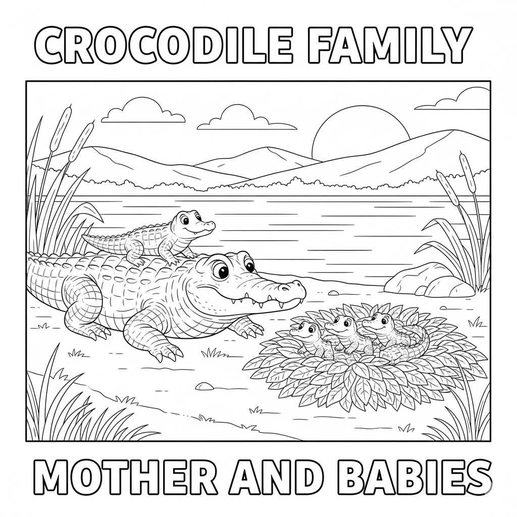 Mother crocodile and babies coloring page, family-oriented scene with multiple small crocodile shapes for practice.