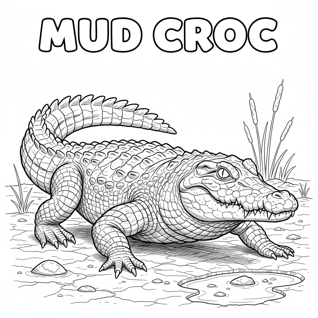 Mud covered crocodile coloring sheet — camouflage and texture practice, 300x300 printable