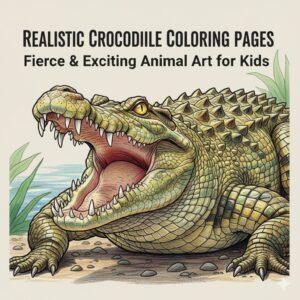 Realistic fierce crocodile colored-pencil style illustration for kids’ coloring pages collection cover, showing detailed scales and dynamic pose. 写实凶猛鳄鱼彩色铅笔风封面插图，细节丰富、姿态生动，用于儿童填色页合集。