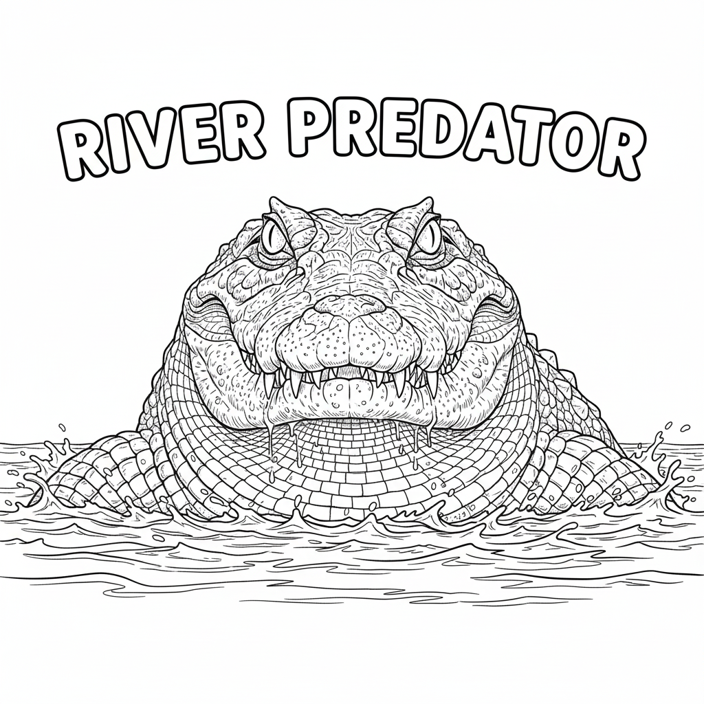River predator crocodile coloring page — low profile near the riverbank, ripples, detailed teeth, 300x300