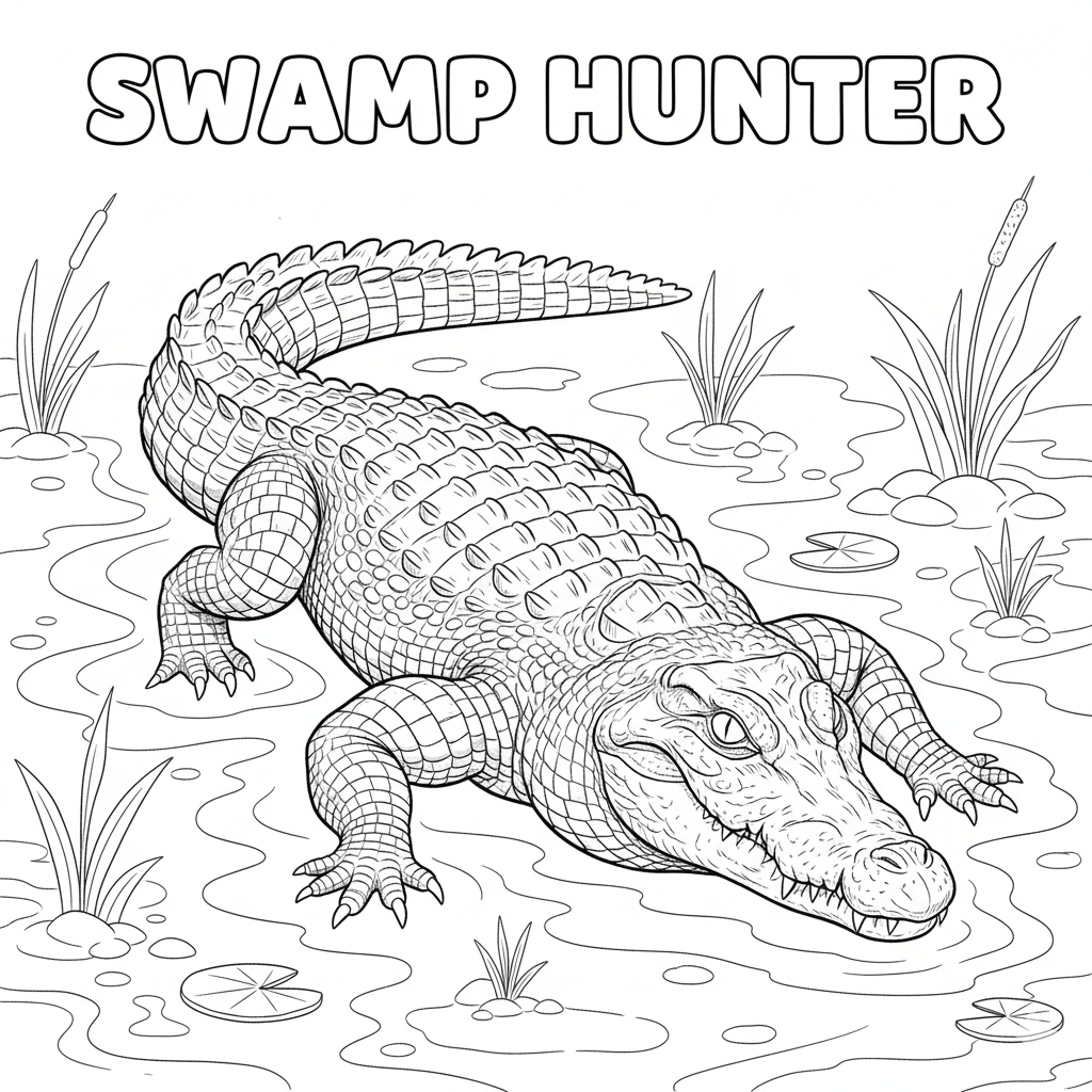 Swamp hunter crocodile coloring page — stalking through reeds and mud, natural camouflage details, printable 300x300