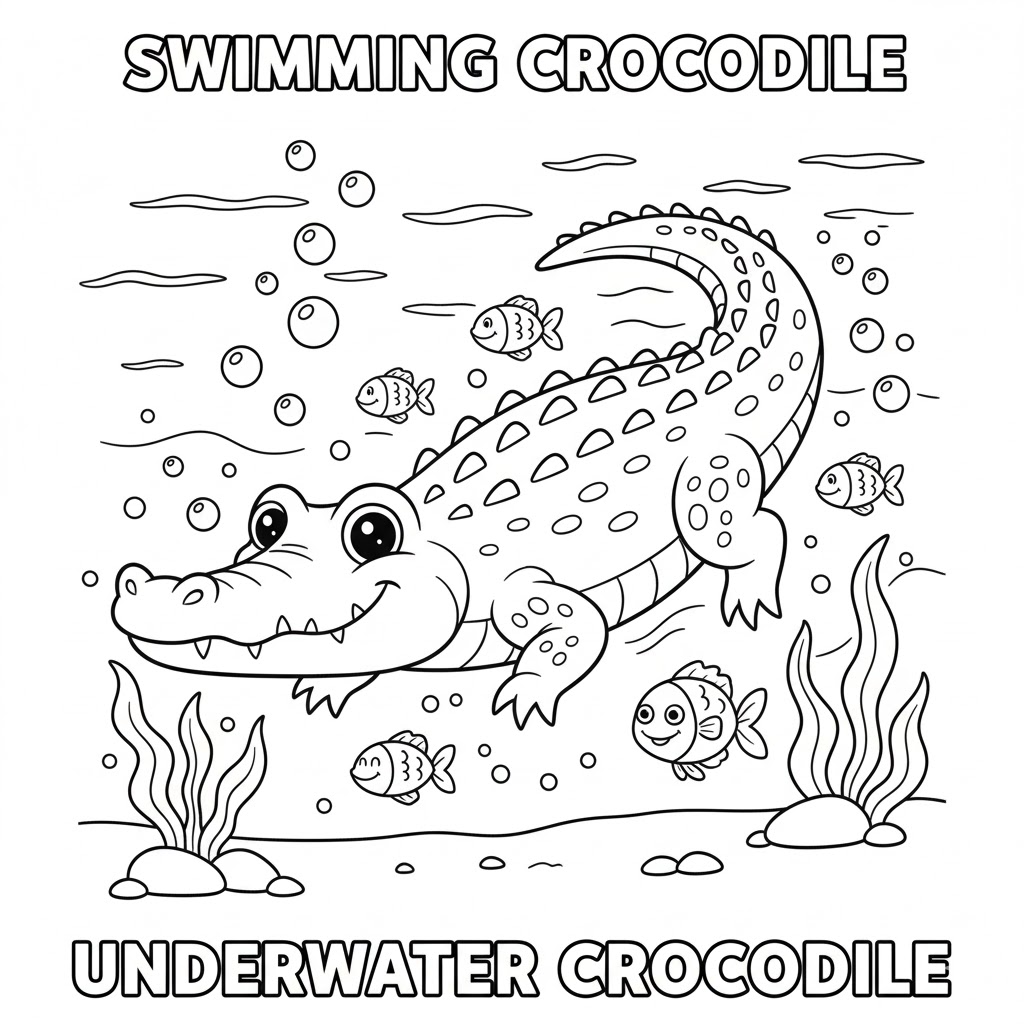 Swimming crocodile underwater coloring page, underwater bubbles and plants with continuous bold lines for child coloring.