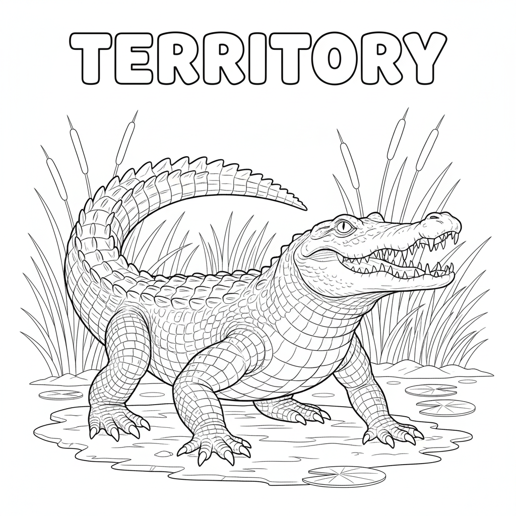 Territorial crocodile coloring sheet — aggressive stance, waterline and reeds, high-detail scales, 300x300