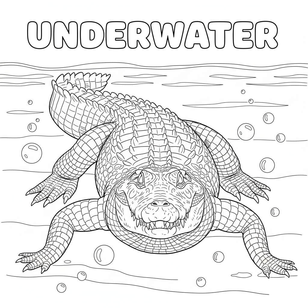 Underwater crocodile line art coloring page — swimming pose and bubbles, detailed fins and tail, printable 300x300