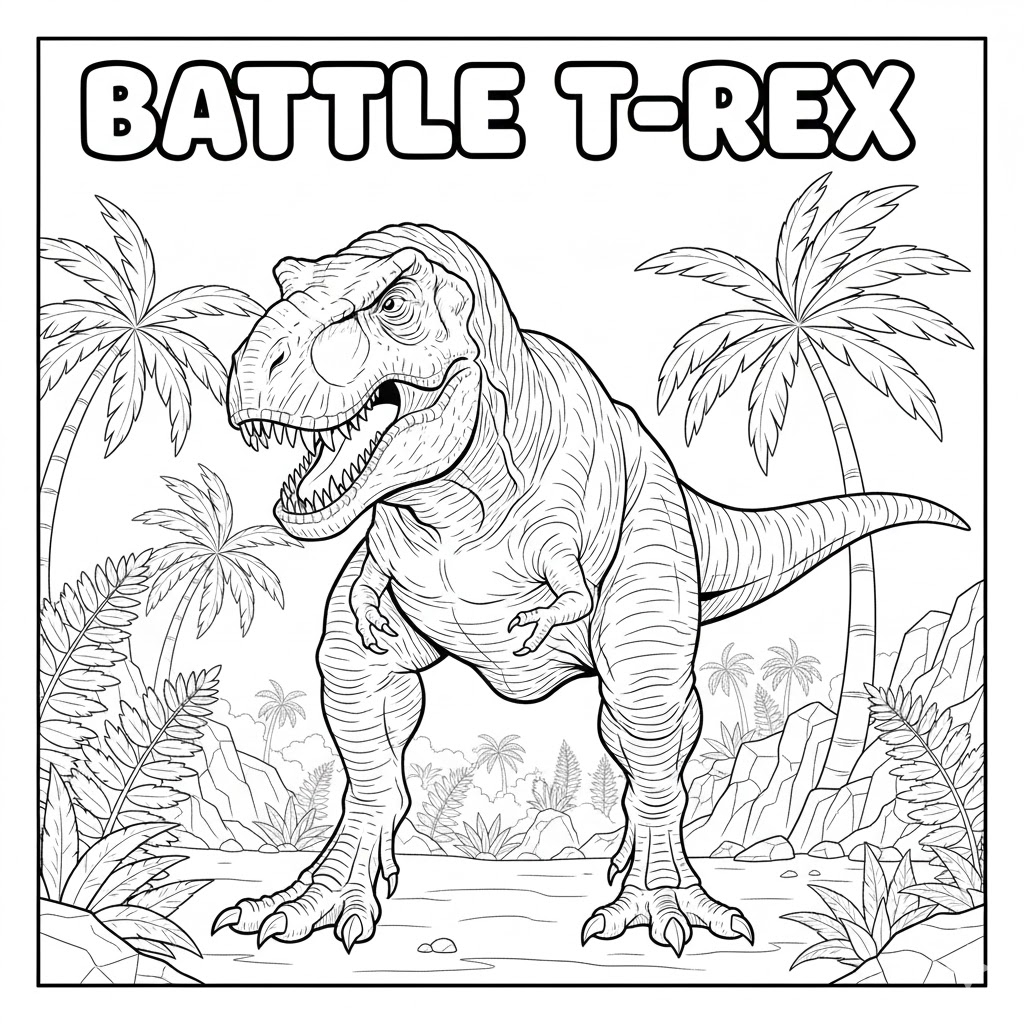 Battle stance T-Rex coloring page showing a powerful Tyrannosaurus Rex with muscular legs and open jaws, clear bold line art ideal for detailed coloring