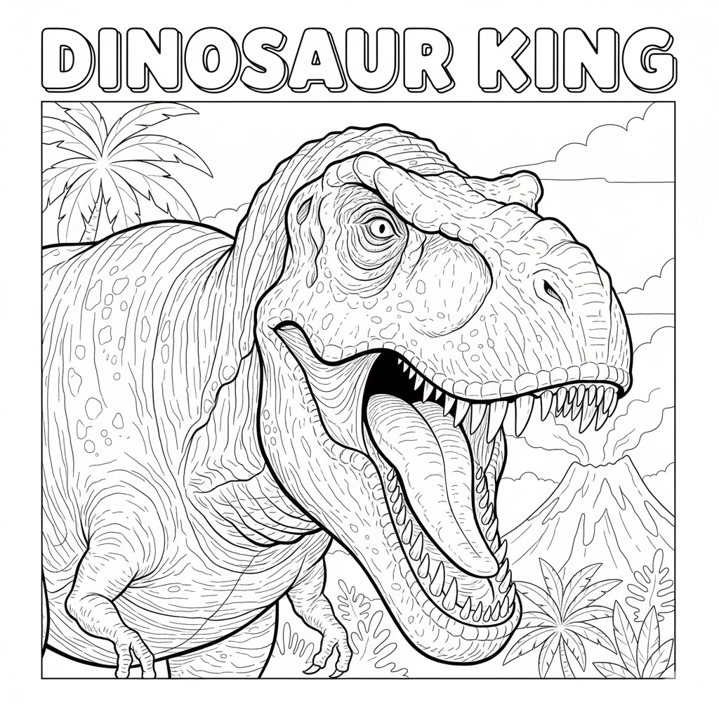Lowered head roaring T-Rex coloring page with intense open mouth and detailed teeth, dramatic pose suitable for older children and dinosaur fans to color