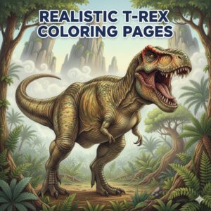 Realistic colored-pencil Tyrannosaurus Rex in a dynamic fierce pose with vivid natural shading for dinosaur coloring pages