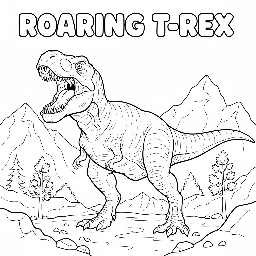 Roaring T-Rex coloring page with open jaws and dynamic neck lines, clean bold outlines for realistic yet printable dinosaur art suitable for coloring activities