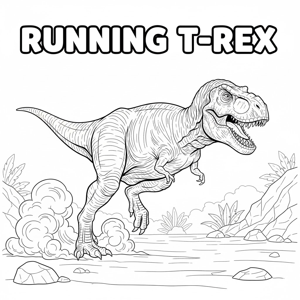 Running T-Rex coloring page showing fast stride and motion lines, realistic anatomy with bold outlines allowing children to practice shading and texture