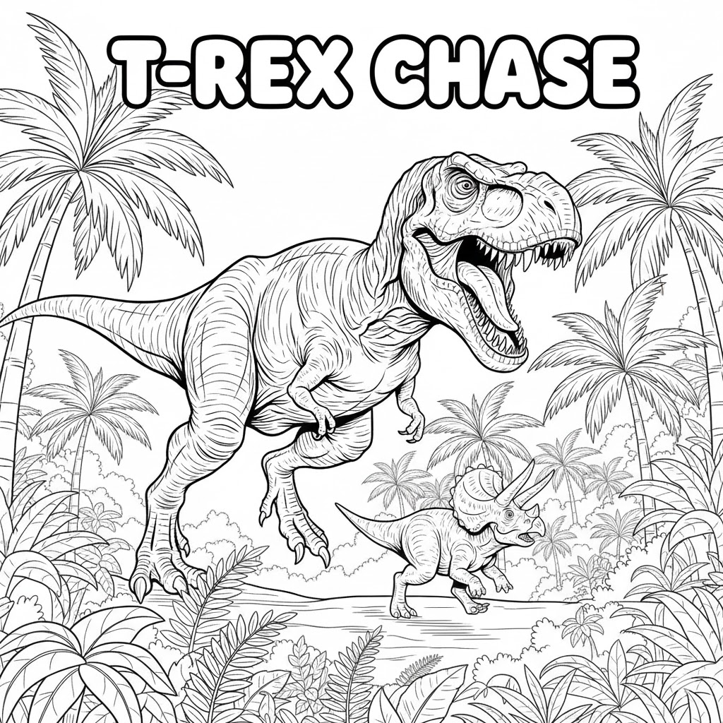 T-Rex chasing prey coloring page with dramatic foreground and prey silhouette, high detail but with printable bold strokes suitable for classroom use