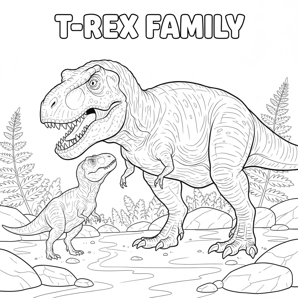 T-Rex family coloring page with adult and juvenile dinosaurs together, family scene suitable for educational discussion and coloring activities