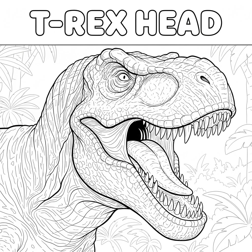 T-Rex head closeup coloring page with detailed jaw, teeth and eye area, made into printable bold line art for focused coloring practice and study