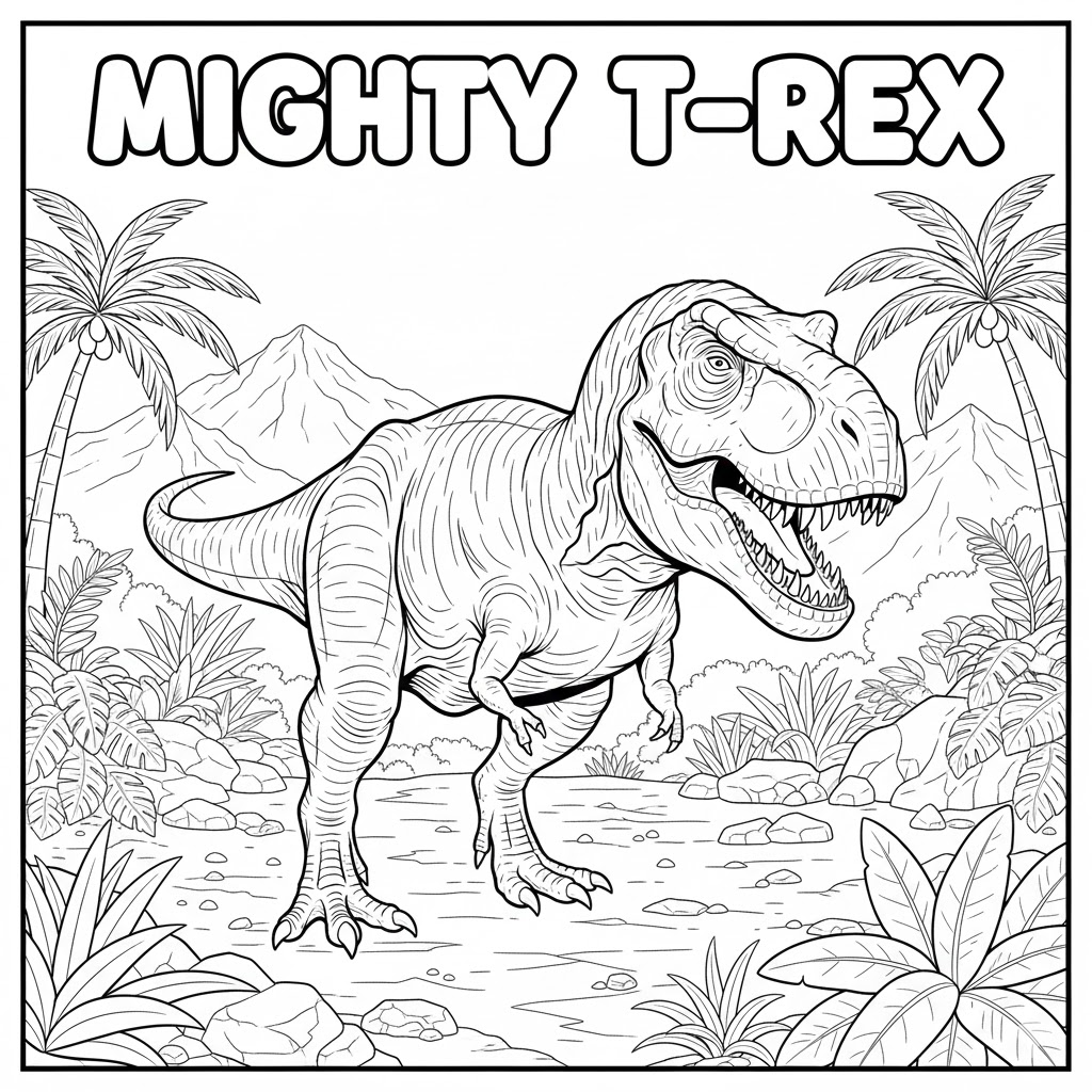 Top view T-Rex coloring page from above perspective showing body silhouette and tail curve, bold clear lines for printable coloring sheets