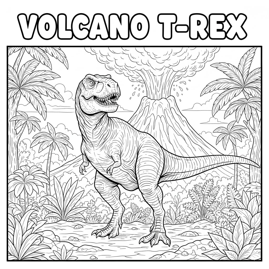 Volcano T-Rex coloring page with erupting volcano background and T-Rex silhouette, high drama composition but with clear bold lines for coloring