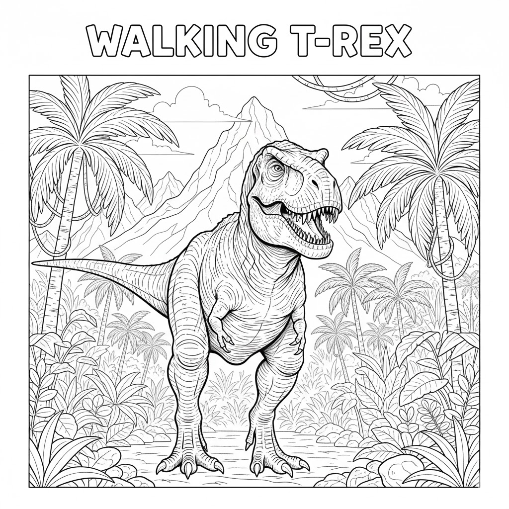 Walking T-Rex coloring page showing a stately walking pose with tail balance and textured skin lines, bold outlines for printable coloring sheets